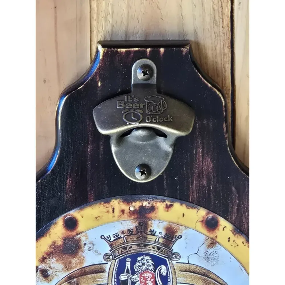 Amstel Beer Wall Mount Plaque, Vintage Look, Solid Wood w/ Bottle Opener & Hooks